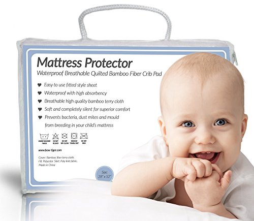 Quilted-BAMBOO-Waterproof-Crib-Mattress-Protector-by-Bow-Tiger-Prevent-Moisture-Bedbugs-from-Endangering-Your-Baby-in-Bed-Completely-Silent-Extra-Cozy-Pad-Keep-Your-Baby-Dry-and-Safe-0